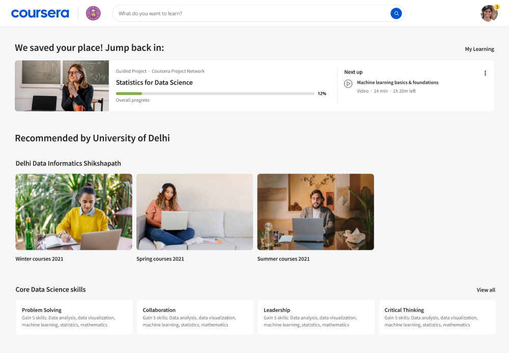 User flow sample: Logged-in homepage jump back in