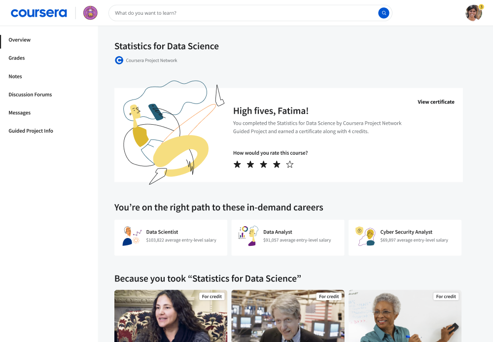 User flow sample: Guided Project completed